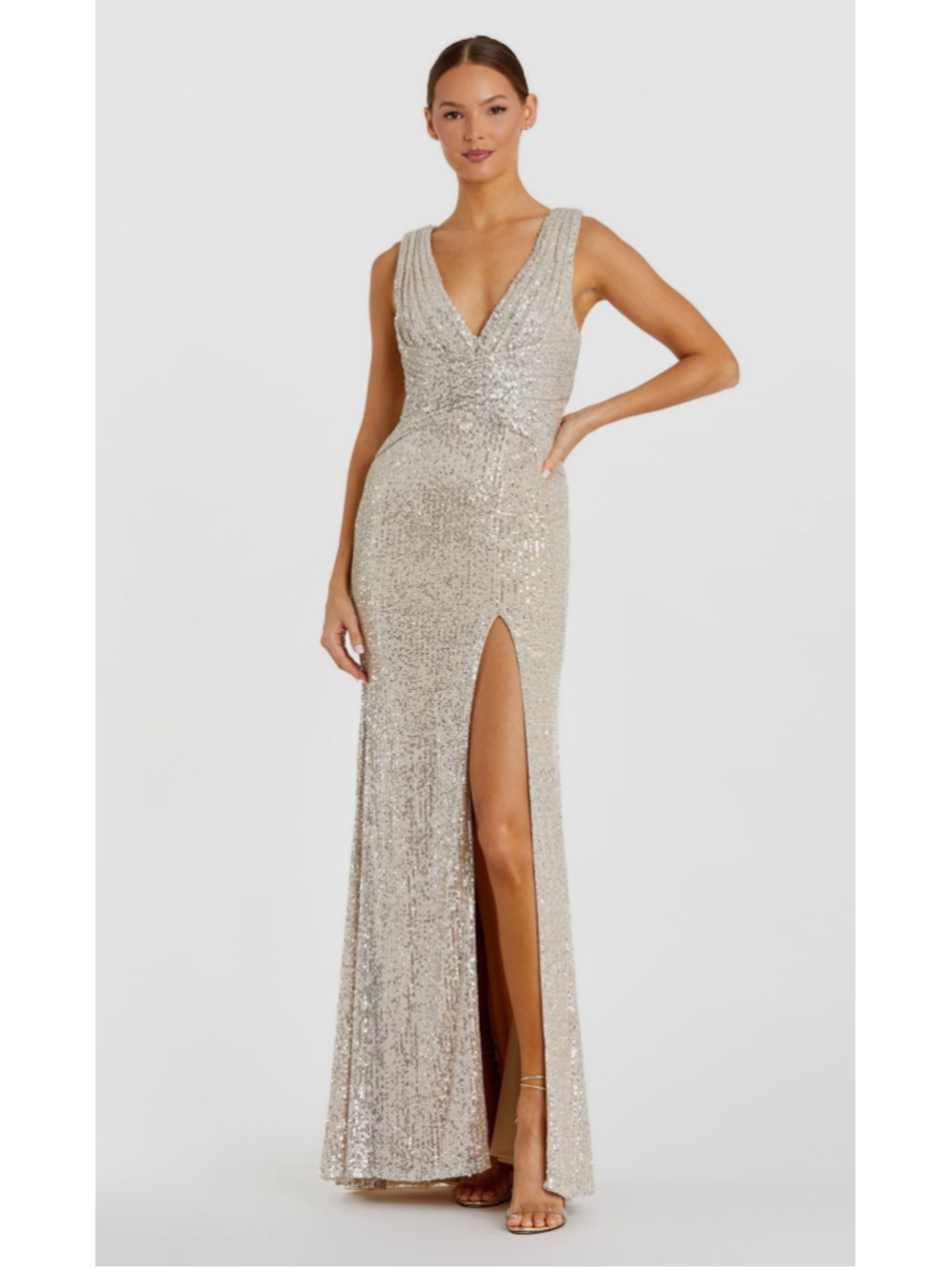 Women's Ieena for Mac Duggal Sequin Prom Dress Size 2 Beige Silver